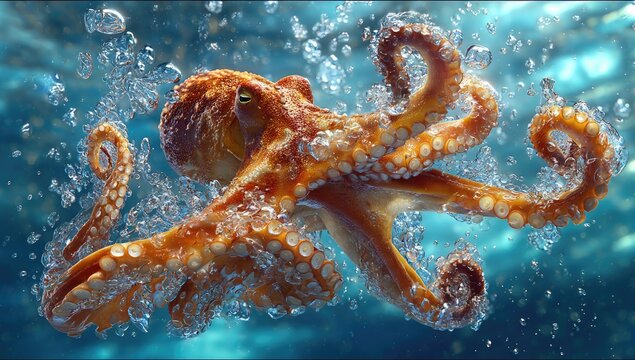 Octopus in underwater bubbles
