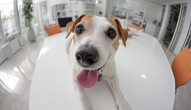 Happy dog on a white table