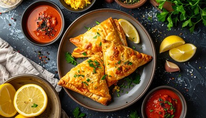 Delicious Savory Pastry Triangles with Spicy Dips A Culinary Delight