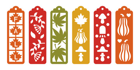 Vertical bookmarks with fall patterns. Vector autumn design with pumpkins, mushrooms, leaves and branches. Laser cut template. Decorative bookmark stencil for paper, wood and metal cutting