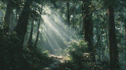 Obraz premium Sunlight path through forest