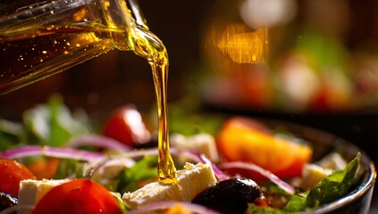 Fresh salad being drizzled with olive oil, showcasing vibrant vegetables