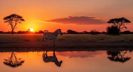 Majestic zebra drinks at watering hole during vibrant African sunset, stunning reflections