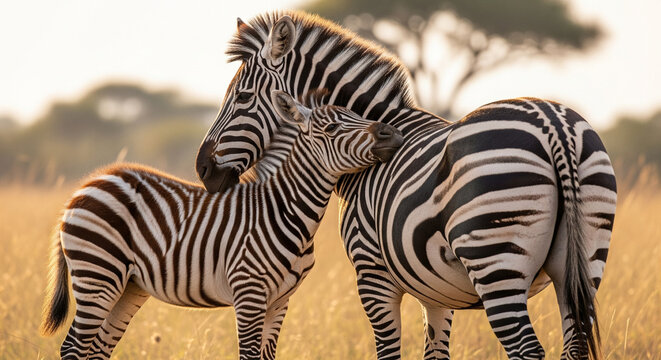 Tender zebra mother nuzzles foal in warm golden savanna light, capturing wild family bond