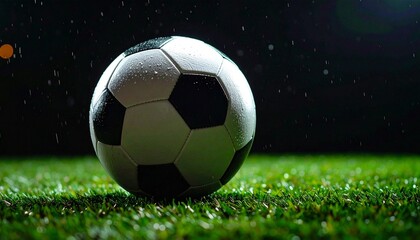 Fototapeta premium Dramatic close-up of a classic soccer ball resting on a wet, manicured grass pitch under stadium lights at night