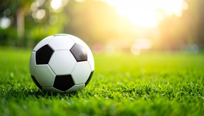 Fototapeta premium A solitary soccer ball sits on a pristine, sun-drenched turf, capturing the essence of the beautiful game in stunning detail