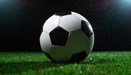 Fototapeta premium Dramatic close-up of a wet soccer ball on a rain-soaked grassy pitch under bright stadium floodlights at night