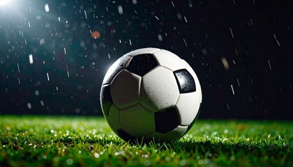 Fototapeta premium An iconic soccer ball resting on the vibrant green turf of a stadium field, caught in a dramatic downpour under bright spotlights at night
