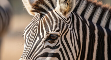 Naklejka premium Captivating zebra eye gaze, close-up detail revealing natural patterns and wild beauty