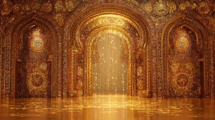 Opulent golden archway showcases intricate details with a mesmerizing display of sparkling light