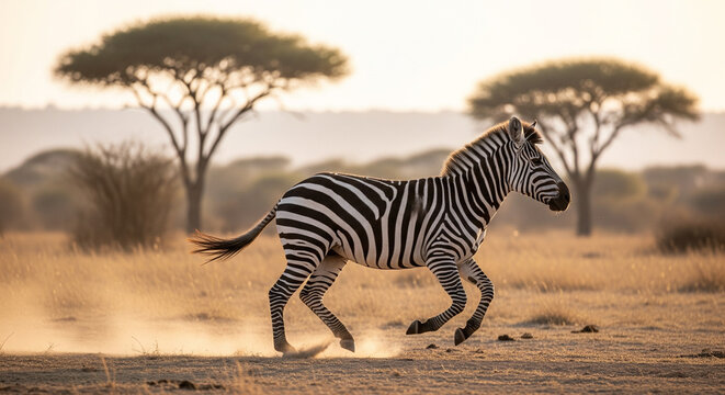 Majestic zebra gallops through dusty savanna at golden hour, capturing wild freedom
