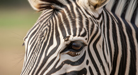 Naklejka premium Stunning close-up portrait of a zebra's eye and intricate stripe patterns, capturing wild nature's beauty.