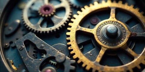 Close-up shot of intricate clock gears, cogs, and levers, symbolic of complex machinery and technological processes ,  steampunk,  abstract