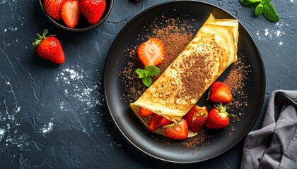 Delicious homemade crepe filled with fresh strawberries, dusted with cocoa powder on a dark, elegant background