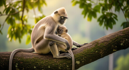 Tender moment: Mother langur monkey cradles sleeping infant on a mossy tree branch with soft light