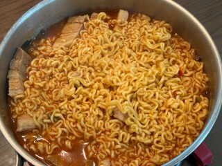 Korean Instant Ramen with Pork Belly Topping in Pot