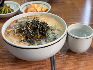 Korean Sundae Guksu (Blood Sausage Noodle Soup) with Seaweed in Jeju Restaurant