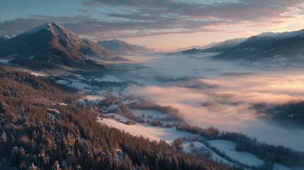 Fototapeta premium Winter mountain valley sunrise