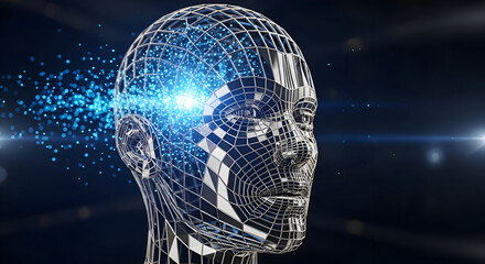 Artificial Intelligence Wireframe Head with Glowing Brain