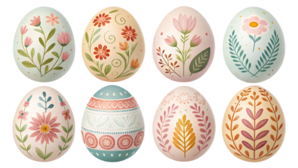 Hand-Painted Easter Eggs PNG Set – Pastel Decorative Eggs with Floral and Geometric Patterns, Isolated on Transparent Background