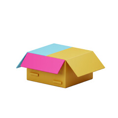 An eye-level, three-dimensional rendering of a cardboard box, its flaps partially open, showcasing a vibrant array of colors on the interior and exterior surfaces.