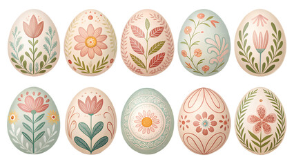 Fototapeta premium Hand-Painted Easter Eggs PNG Set – Pastel Decorative Eggs with Floral and Geometric Patterns, Isolated on Transparent Background