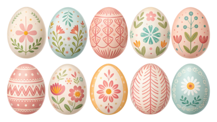 Hand-Painted Easter Eggs PNG Set – Pastel Decorative Eggs with Floral and Geometric Patterns, Isolated on Transparent Background
