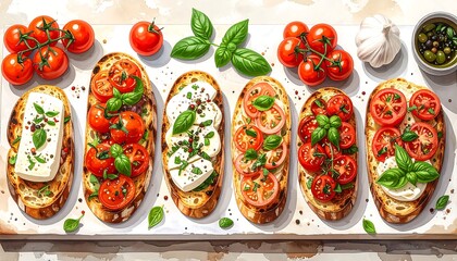 Six variations of bruschetta on a board