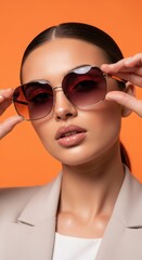Stylish Woman Wearing Dark Sunglasses Against Orange Background