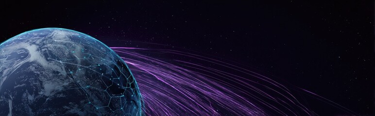 Earth in space, digital art.  Abstract swirling light trails