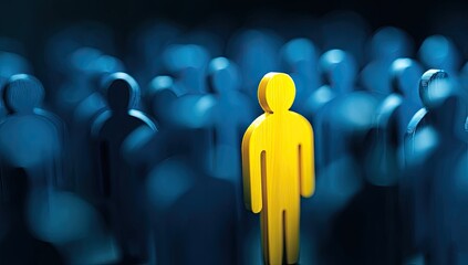 A single, prominent yellow figure amidst a crowd of indistinct blue figures