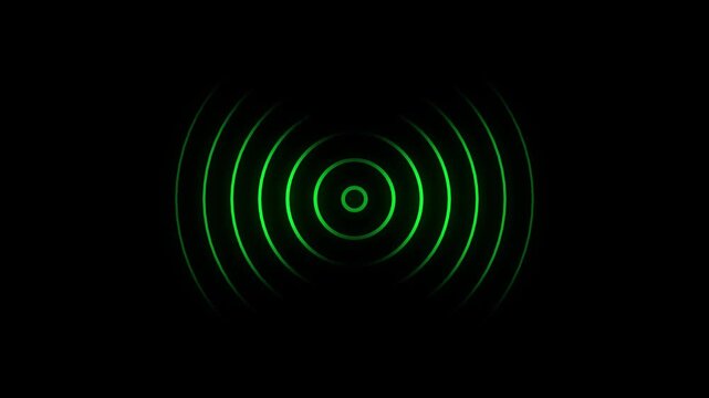 Radio waves seamless animation background video footage sound wave signal, green light wave radio diffusion. Radio wave signal technology animation on black background.