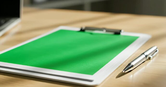 Clipboard with green paper and pen on a desk.
