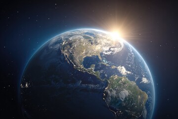 Fototapeta premium Earth seen from space, sunrise over the Americas