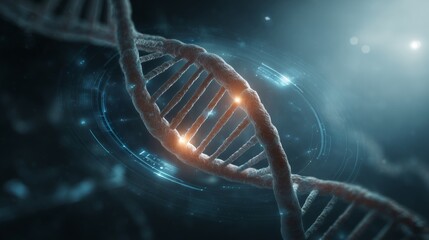 Photorealistic DNA double helix glowing in futuristic medical lab with holographic interface – ideal for genetics, genomics, and biotechnology.