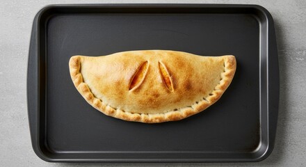 Golden Baked Calzone on Dark Baking Sheet