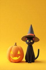 A playful black cat wearing a witch hat stands beside a carved pumpkin on a bright yellow background