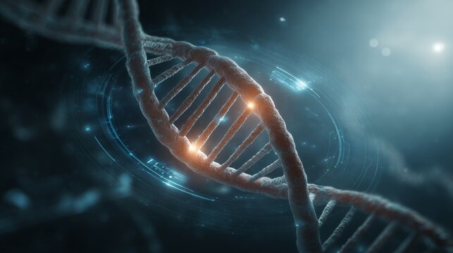 Photorealistic DNA double helix glowing in futuristic medical lab with holographic interface – ideal for genetics, genomics, and biotechnology.