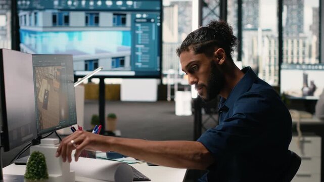 Middle eastern engineer finalizing interior design plans for a building in office, working toward residential project layout and structure on dual monitors computer. City planning. Camera B.