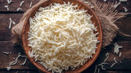 Shredded cheese in wooden bowl on rustic table