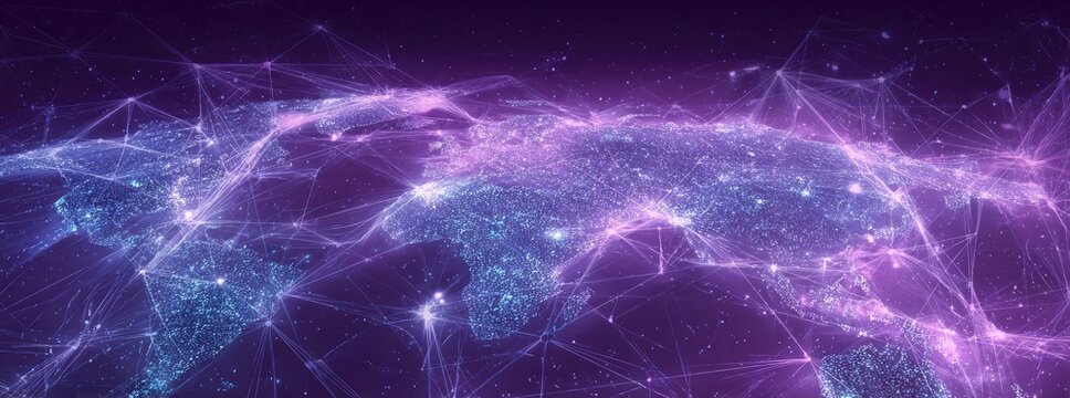 Global network map, with vibrant purple and blue tones, showing interconnectedness of world