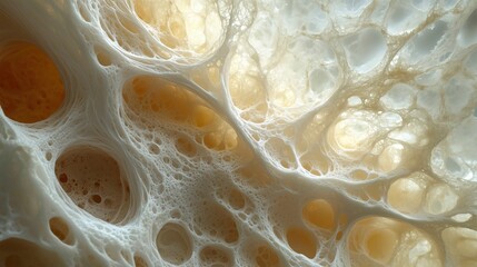 Close-up abstract of a porous, honeycomb-like organic structure with fibrous filaments and warm, glowing beige tones.