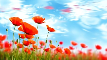 Obraz premium Vibrant red poppies bloom under a bright blue sky with fluffy white clouds