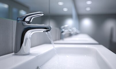 Modern restroom sink faucets with flowing water