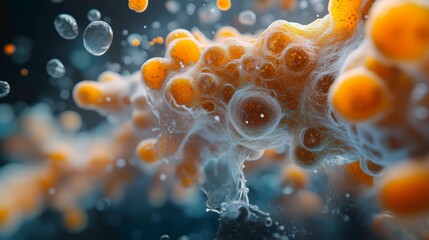 Close-up abstract microscopic view of orange spherical cells and translucent biofilm-like structures suspended in a bluish liquid, highlighting cellular texture and organic detail.