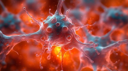 Close-up 3D illustration of a virus-like microscopic cell with spiky projections amid a glowing red-orange background.