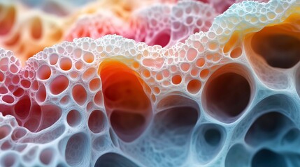 Colorful close-up of porous, bubble-like cellular structures resembling foam or coral with intricate lattice, gradients, and organic texture.