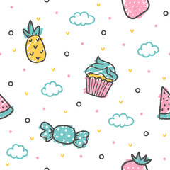 Cute cookies and cake seamless vector for print on textile, wrapping, backdrop and other uses.