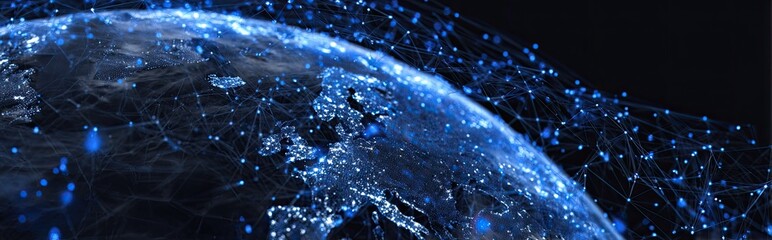 Global network of interconnected data points.  A stylized 3D globe with a network of light blue particles flowing around it