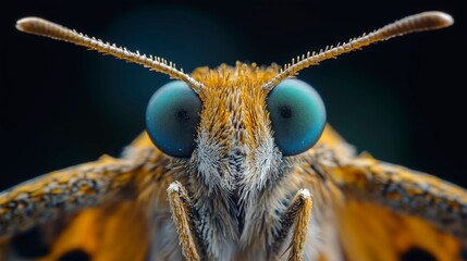 Extreme macro close-up of a moth's face showing iridescent compound eyes, dense hairs, and antennae in vivid detail.